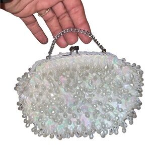 Iridescent White Clutch with Kiss-Lock Closure handmade Hong Kong 65 like new